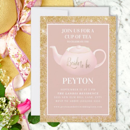 Blush Pink Gold Glitter Bridal Tea Party Shower Invitation