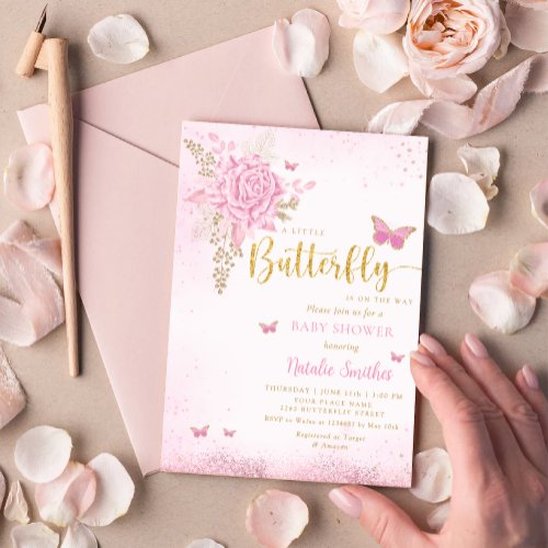 Blush Pink Gold Glitter Butterfly Girl Baby Shower Invitation