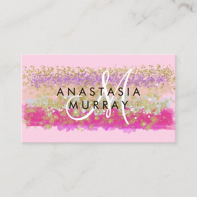Blush Pink & Gold Glitter Colorful White Monogram Business Card (Front)