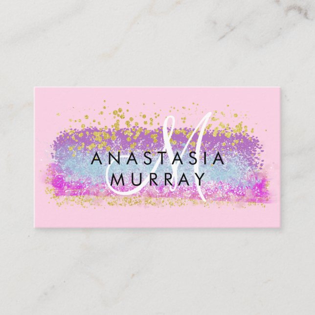 Blush Pink & Gold Glitter Colorful White Monogram Business Card (Front)