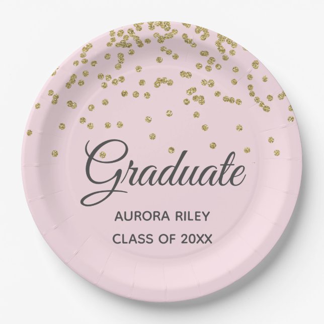 Blush Pink Gold Glitter Confetti Graduation Favor Paper Plates (Front)
