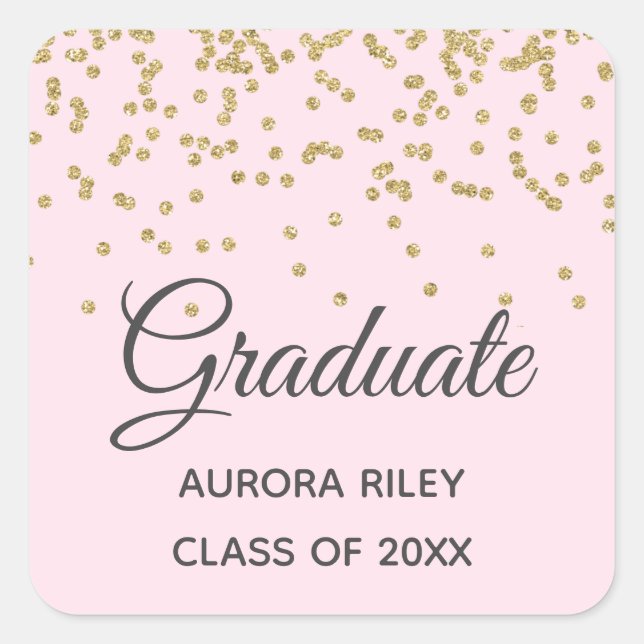 Blush Pink Gold Glitter Confetti Graduation Favor Square Sticker (Front)