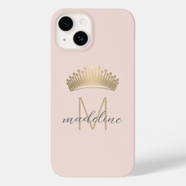 Blush Pink Gold Glitter Crown Monogram Initial Case-Mate iPhone Case (Back)