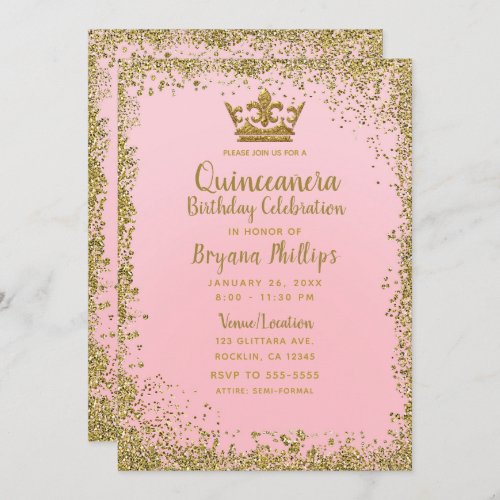 Blush Pink  Gold Glitter Crown Quinceaera 15 Invitation