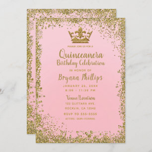 Blush Pink & Gold Glitter Crown Quinceañera 15 Invitation