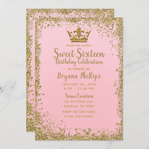 Blush Pink  Gold Glitter Crown Sweet 16 Party Invitation