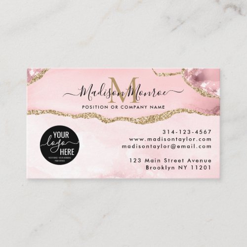 Blush Pink Gold Glitter Custom Logo Agate Monogram Business Card