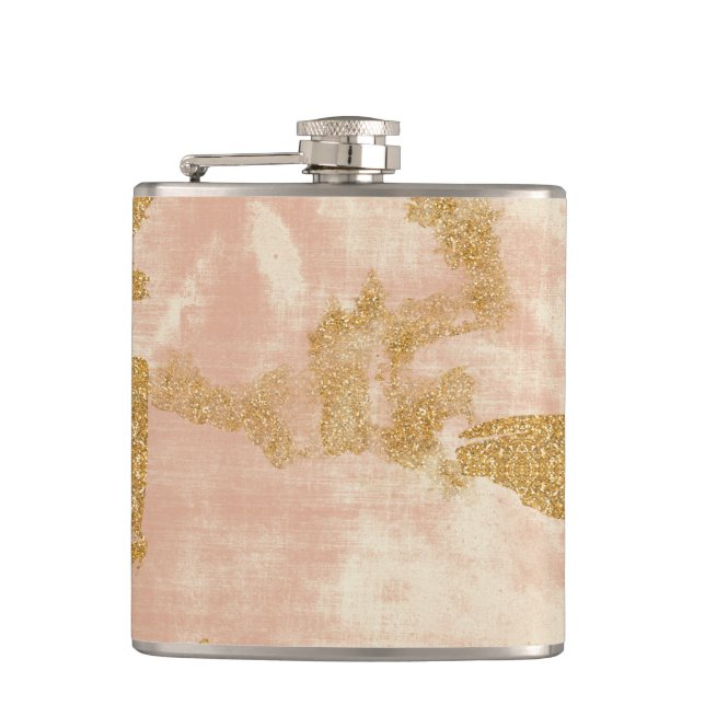 *~* Blush Pink Gold Glitter Distressed Golden Flask (Front)