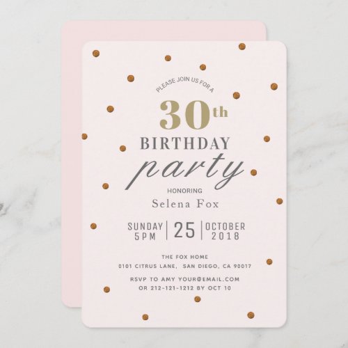 Blush Pink  Gold Glitter Dots Birthday Invitation