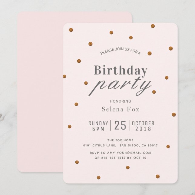 Blush Pink & Gold Glitter Dots Birthday Invitation (Front/Back)