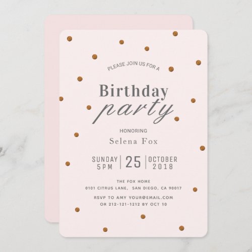 Blush Pink  Gold Glitter Dots Birthday Invitation