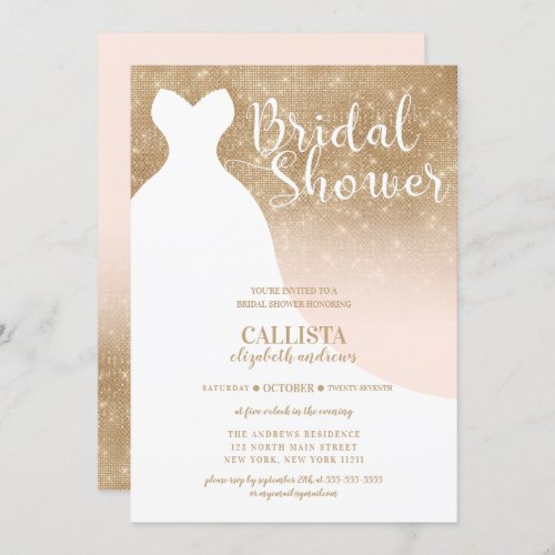 Blush Pink Gold Glitter Dress Bridal Shower Invitation
