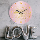 Blush pink gold glitter dust metal name script large clock<br><div class="desc">A blush pink faux metallic looking background,  decorated with faux gold glitter dust. Golden numbers.</div>