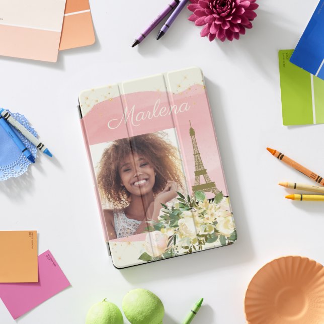 Blush Pink Gold Glitter Eiffel Tower Photo Name iPad Pro Cover (Desk)