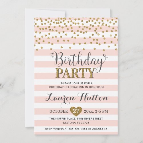 Blush Pink Gold Glitter Elegant Birthday Party Invitation