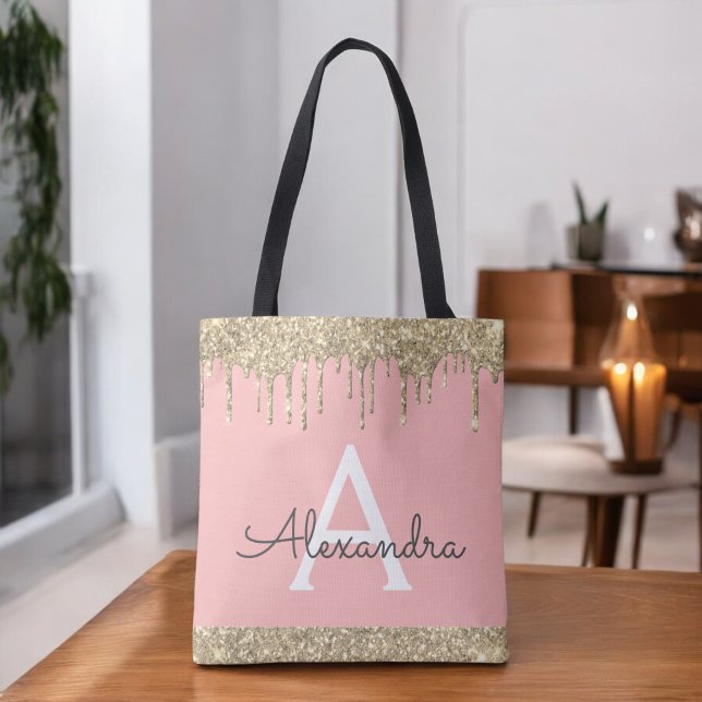 Blush Pink  Gold Glitter Elegant Monogram Tote Bag (Creator Uploaded)