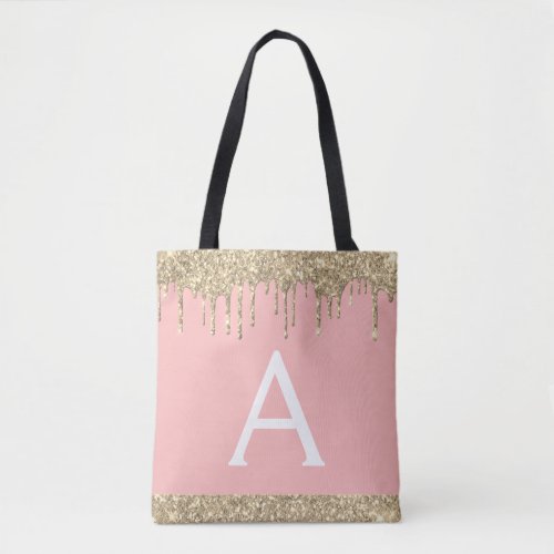 Blush Pink  Gold Glitter Elegant Monogram Tote Bag