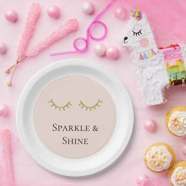 Blush Pink Gold Glitter Eyelashes Sparkle   Paper Plates (Party)