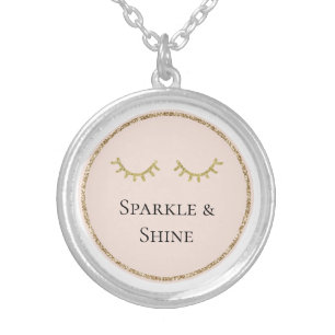 Blush Pink Gold Glitter Eyelashes Sparkle   Silver Plated Necklace