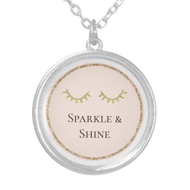 Blush Pink Gold Glitter Eyelashes Sparkle   Silver Plated Necklace (Front)