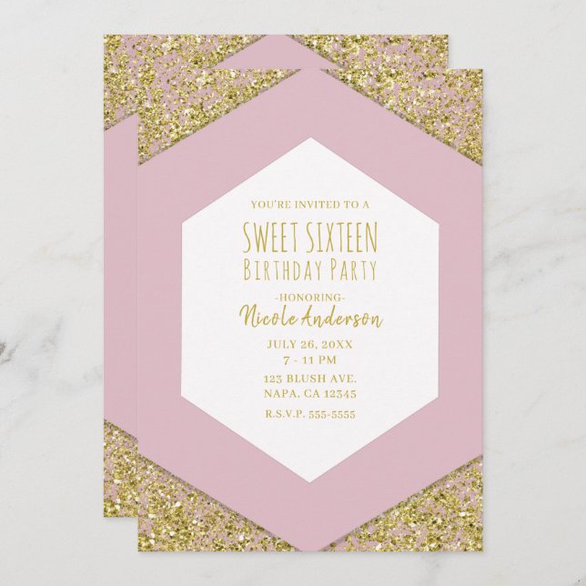 Blush Pink Gold Glitter Flakes Glam Sweet 16 Party Invitation (Front/Back)