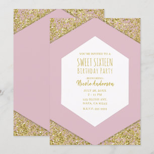 Blush Pink Gold Glitter Flakes Glam Sweet 16 Party Invitation