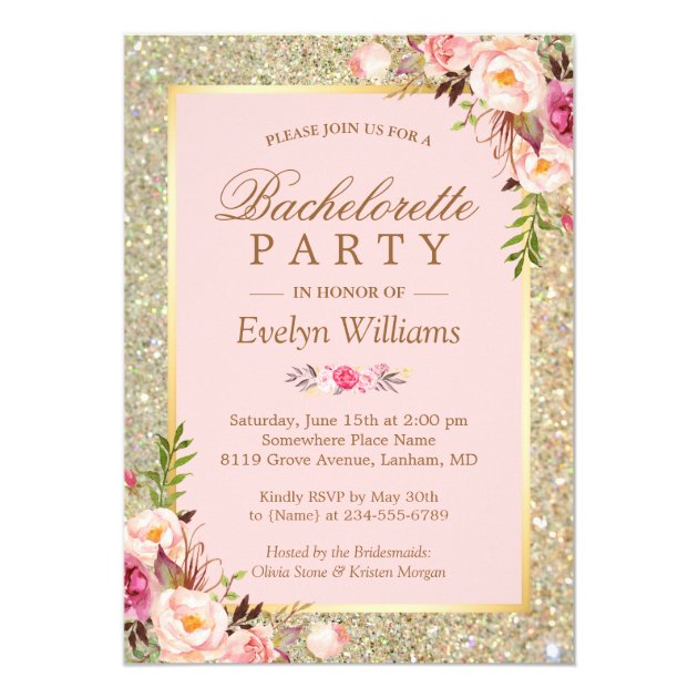Blush Pink Gold Glitter Floral Bachelorette Party Invitation