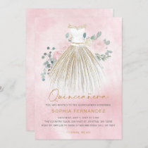 Blush Pink gold glitter Floral Dress Quinceañera Invitation