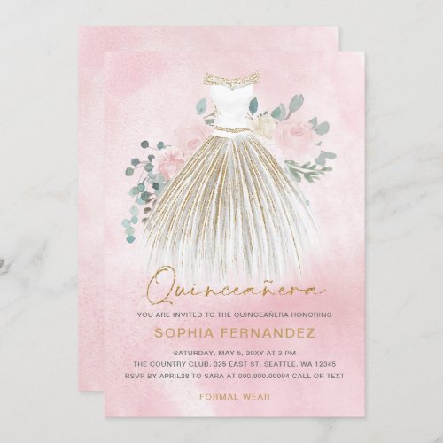 Blush Pink gold glitter Floral Dress Quinceaera Invitation