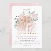 Blush Pink gold glitter Floral Dress Quinceañera Invitation