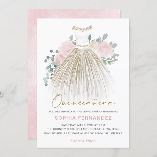 Blush Pink gold glitter Floral Dress Quinceaera Invitation