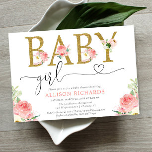 Blush pink gold glitter floral Girl baby shower Invitation