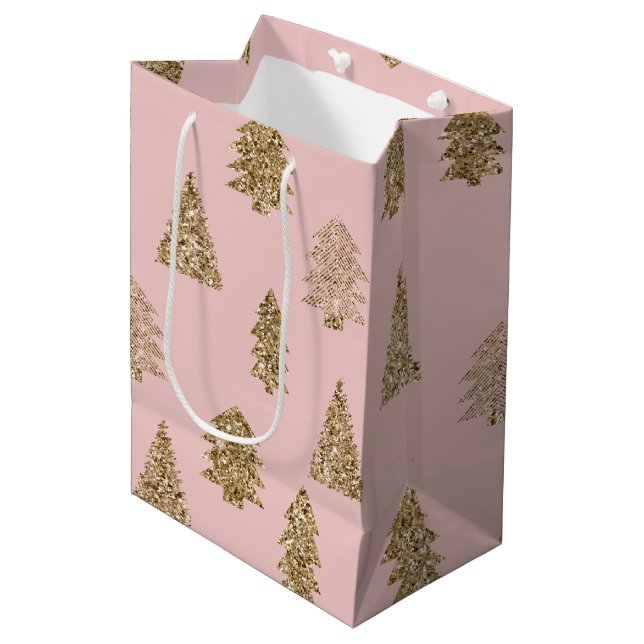 Blush Pink Gold Glitter Glam Christmas Trees Medium Gift Bag (Front Angled)