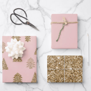 Blush Pink Gold Glitter Glam Christmas Trees Wrapping Paper Sheets