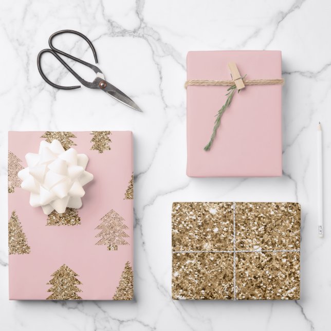 Blush Pink Gold Glitter Glam Christmas Trees Wrapping Paper Sheets (Front)