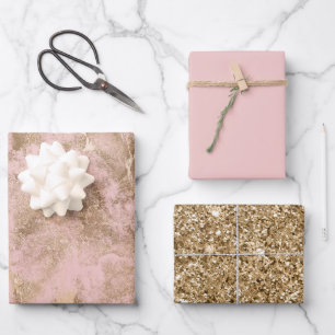Blush Pink Gold Glitter Glam Wrapping Paper Sheets