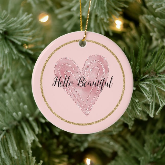 Blush Pink Gold Glitter Glitzy Heart Ceramic Ornament (Tree)