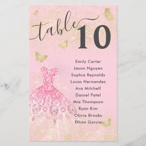 Blush Pink Gold Glitter Gown Quinceanera Seat Menu