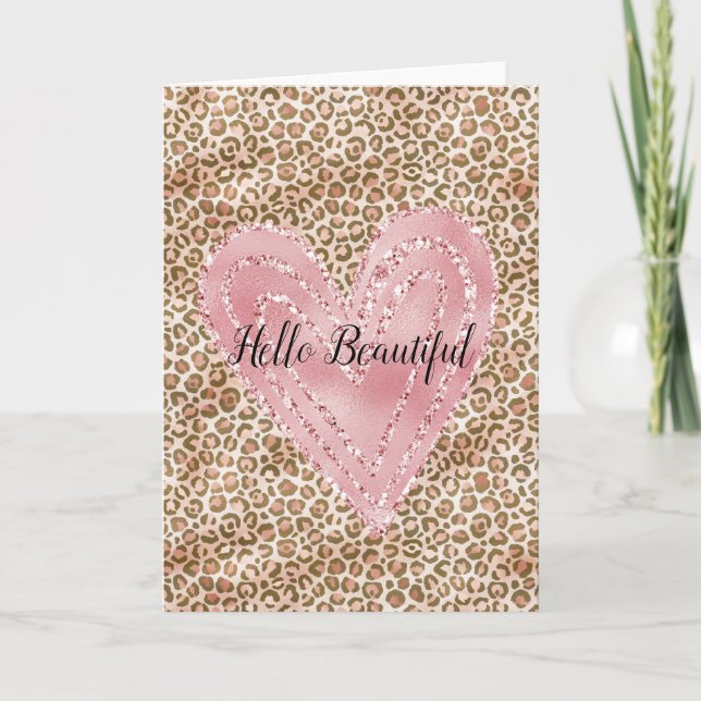 Blush Pink Gold Glitter Heart Leopard Print Card (Front)