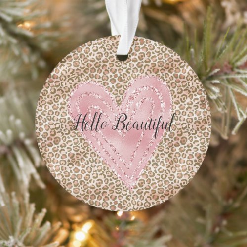 Blush Pink Gold Glitter Heart Leopard Print Ornament
