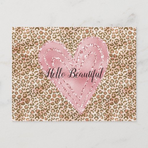 Blush Pink Gold Glitter Heart Leopard Print Postcard
