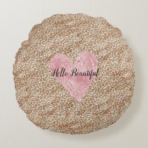 Blush Pink Gold Glitter Heart Leopard Print Round Pillow