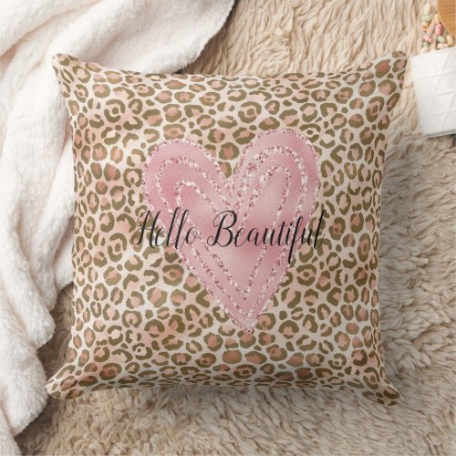 Blush Pink Gold Glitter Heart Leopard Print Throw Pillow
