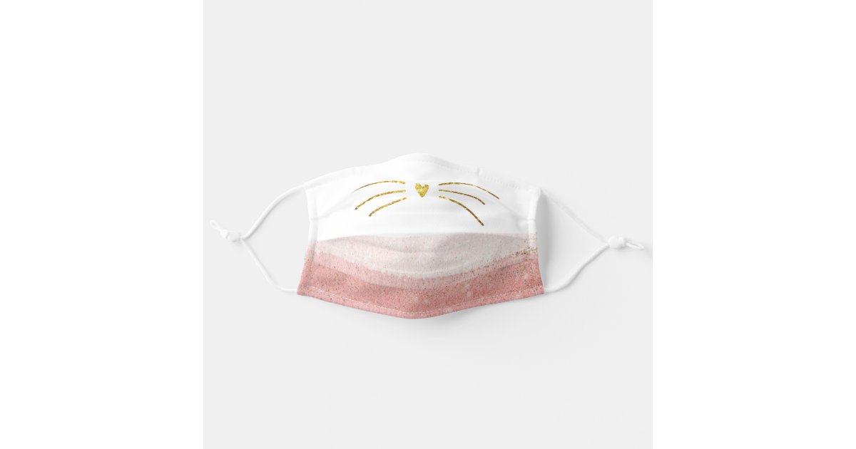 Blush Pink Gold Glitter Kitty Cat Nose Whiskers Cloth Face Mask
