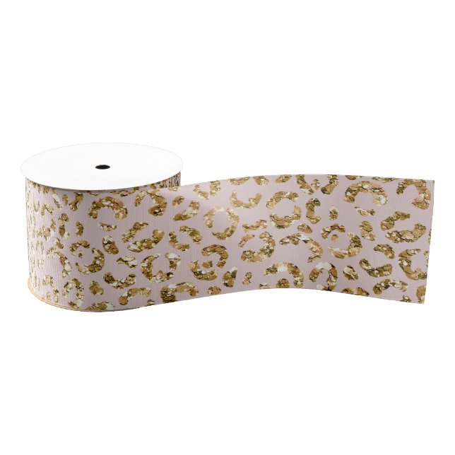 Blush Pink Gold Glitter Leopard Print Grosgrain Ribbon (Spool)