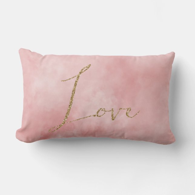 Blush Pink Gold Glitter Love Lumbar Pillow (Front)