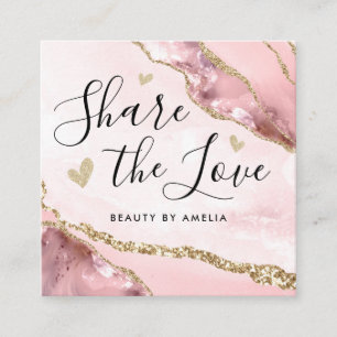 Blush Pink Gold Glitter Marble Agate Chic Monogram Referral Card