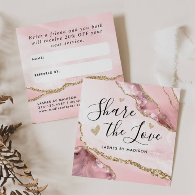 Blush Pink Gold Glitter Marble Agate Chic Monogram Referral Card (Creator Uploaded)