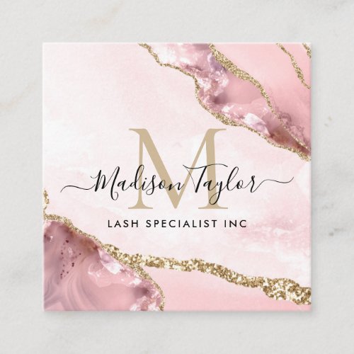 Blush Pink Gold Glitter Marble Agate Chic Monogram Square Business Card