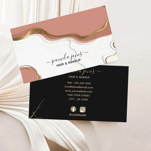 Blush Pink Gold Glitter Marble Agate Monogram  Business Card